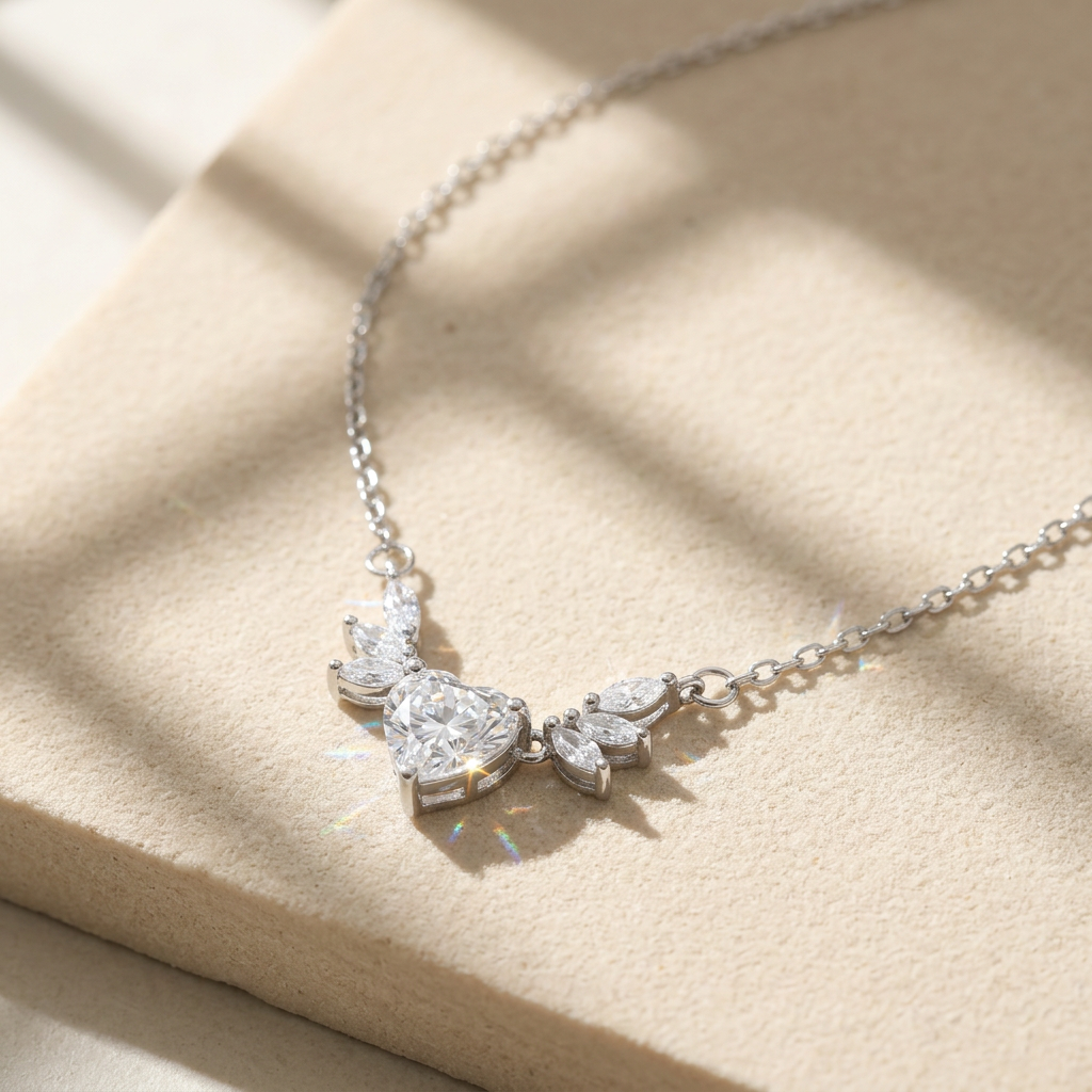 A sterling silver heart necklace for women featuring a central heart-cut stone and a winged marquise diamond cluster.