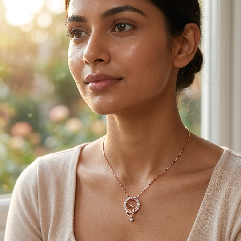 Front view of a luxury rose gold geometric pendant necklace featuring a crystal pavé halo and a polished drop.