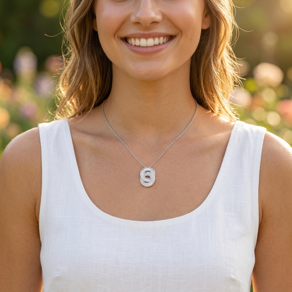 A woman styling the Infinite Medallion necklace for an elegant everyday wear look, showcasing the geometric architectural pendant with radiant lab grown diamond settings.