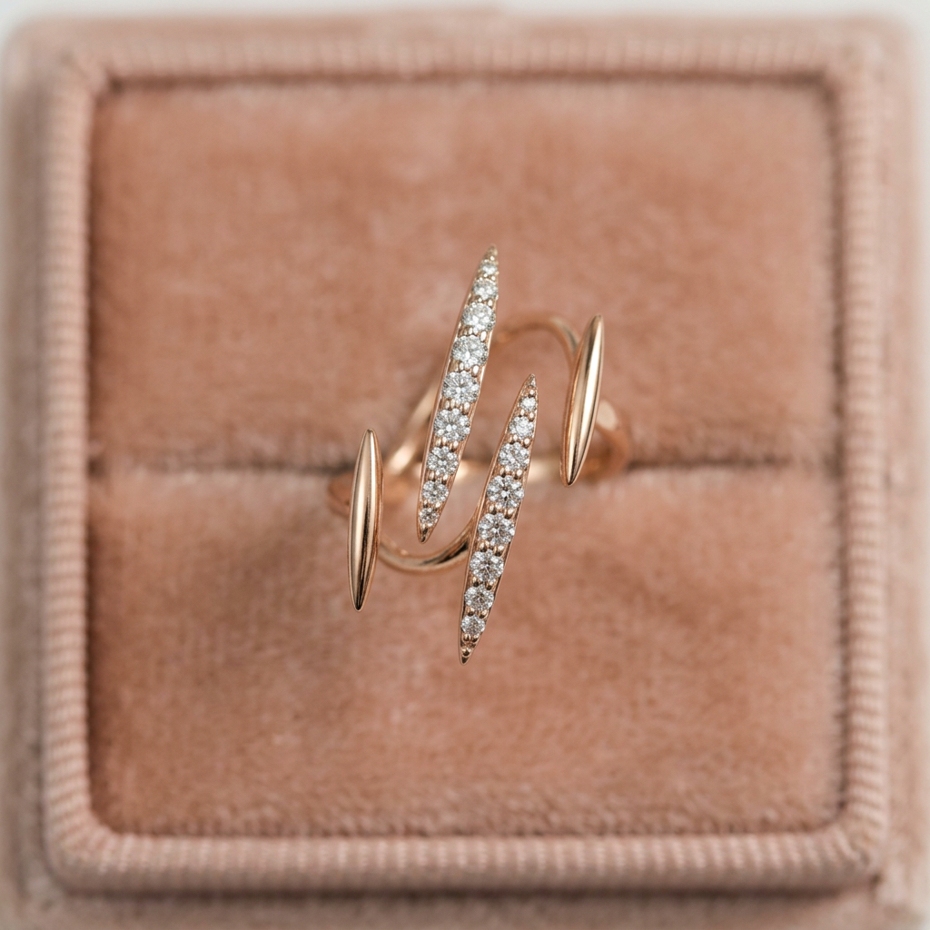 A straight-on front view of an architectural thorn ring showcasing the symmetrical geometric lines and precise pave settings of brilliant lab grown diamonds.