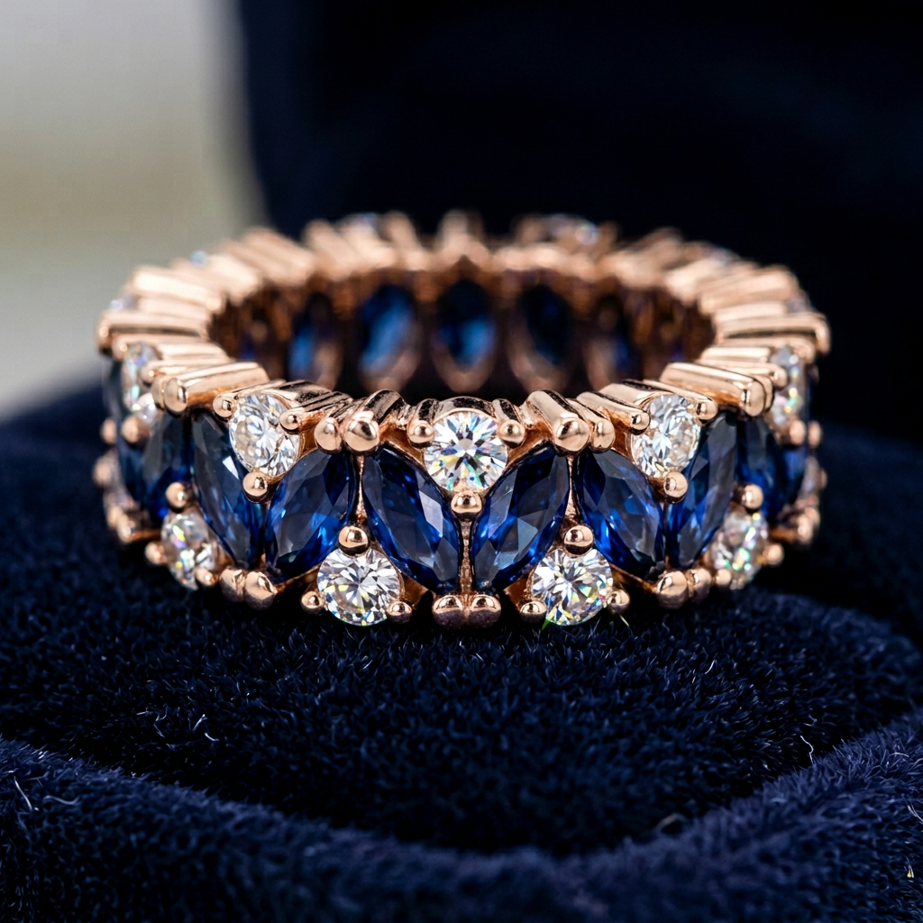 A luxury rose gold blue stone eternity ring showcased inside a premium velvet gift box.