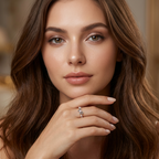 An elegant gold ribbon ring with a blue center gem, presented as a luxury anniversary jewelry gift.
