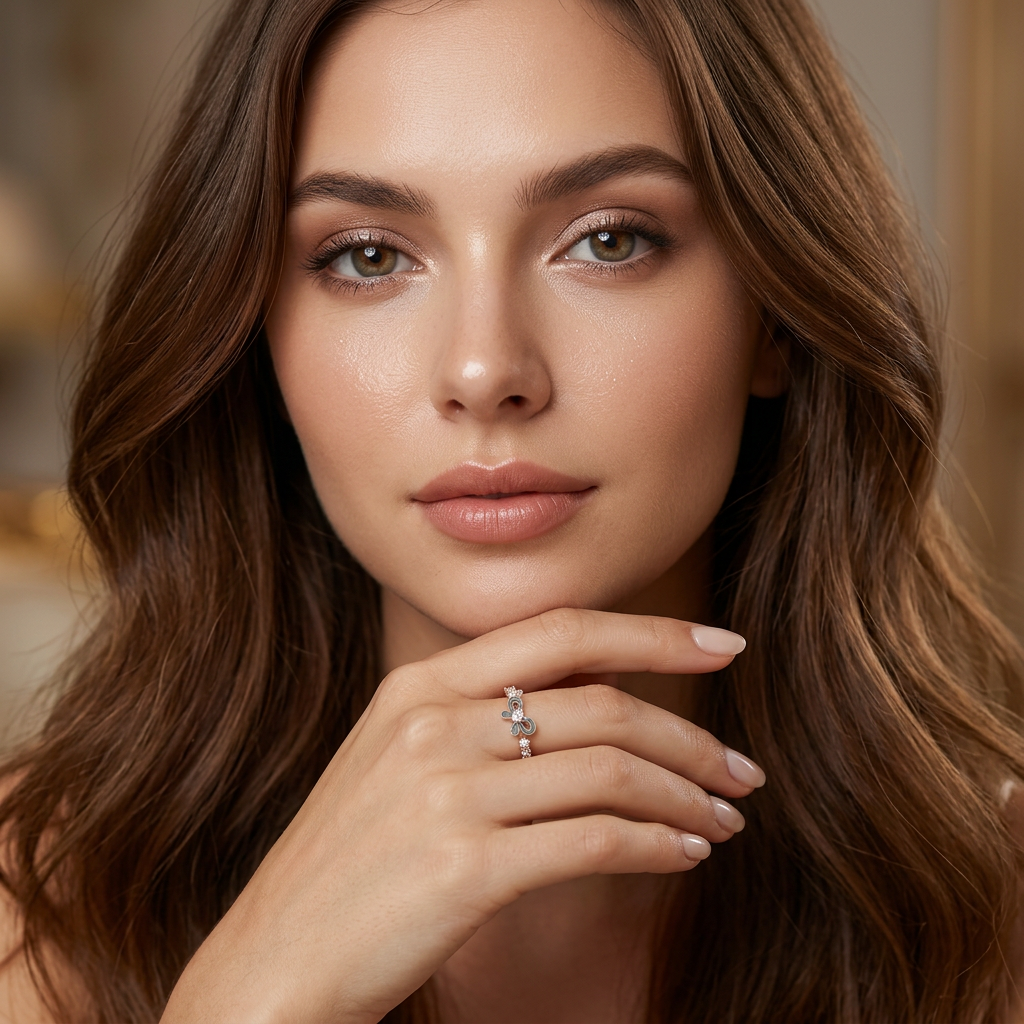 An elegant gold ribbon ring with a blue center gem, presented as a luxury anniversary jewelry gift.