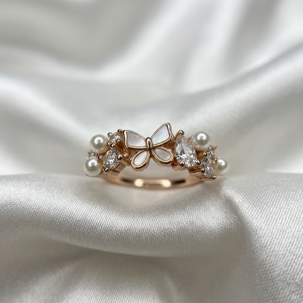 Macro close-up focusing on the sharp pear-cut lab-grown diamond and the graduated pearls set into the butterfly ring in rose gold band.