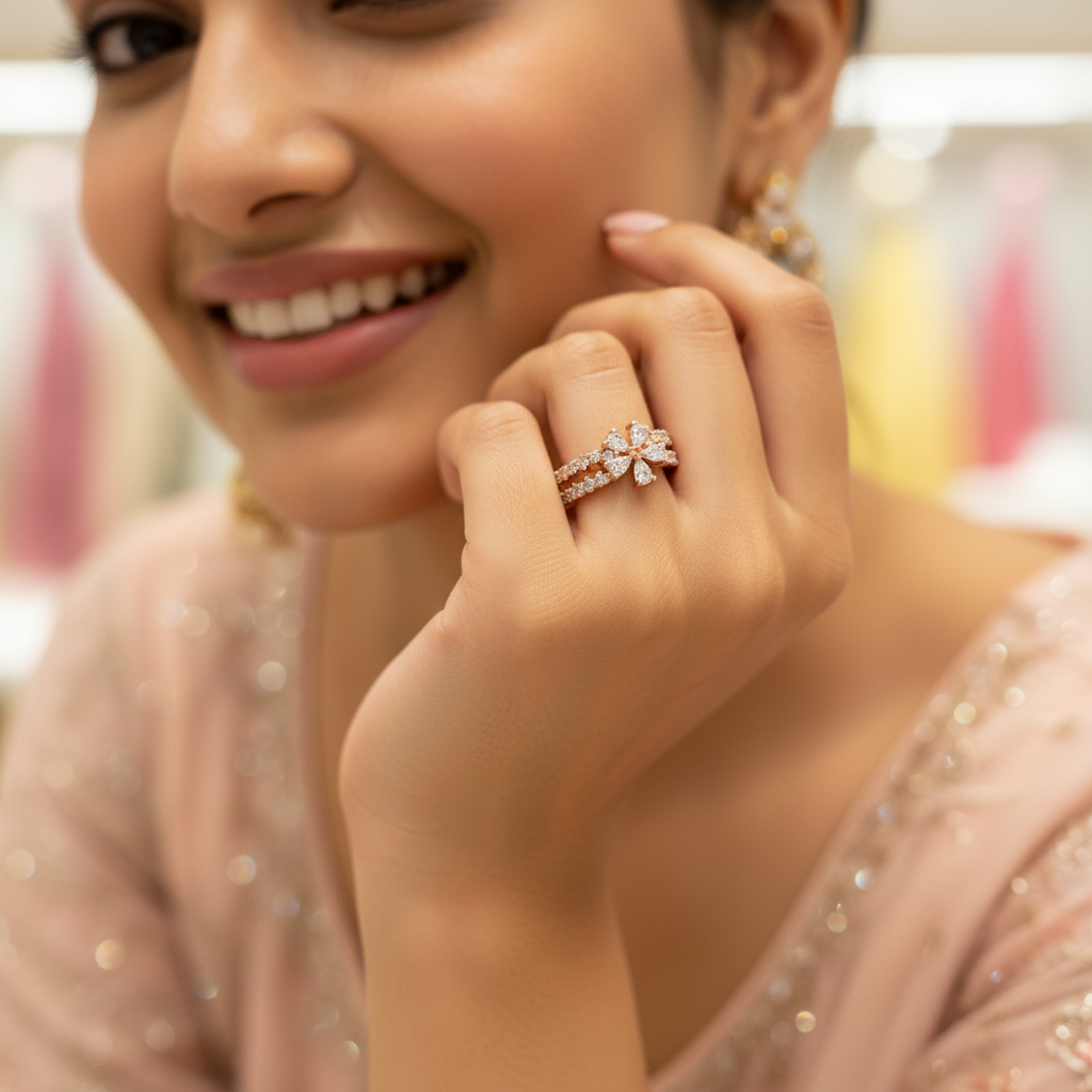 A contemporary luxury hand stack anchoring a wide rose gold floral ring alongside slim polished stacking bands.