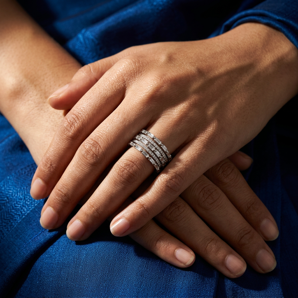 A contemporary luxury hand stack anchoring a structured white gold tiered ring alongside minimal accent bands.