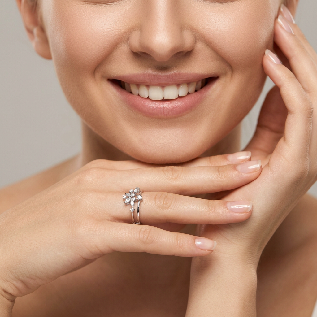 A luxury hand stack anchoring a double band silver celestial crown ring paired with minimal high polish silver bands.
