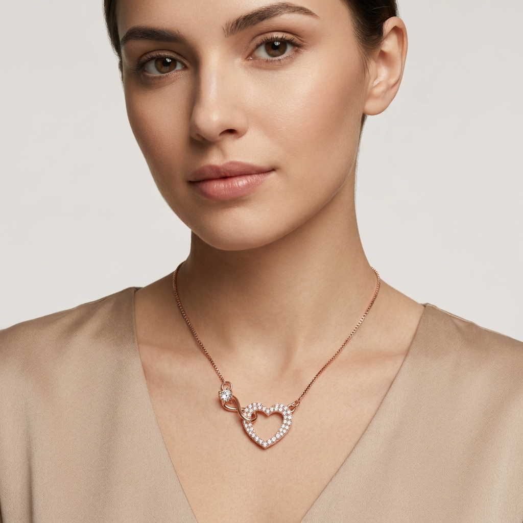 Side view of a fine rose gold infinity heart necklace charm capturing the light reflecting off its solitary round stone.
