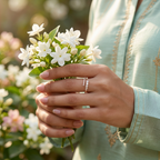 Side view highlighting the sculptural, open-ended bypass silhouette of a polished gold ring with diamond accents.