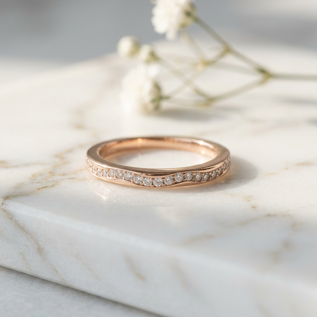 A high-polish rose gold ring featuring an organic undulating wave silhouette that mimics ocean tides.