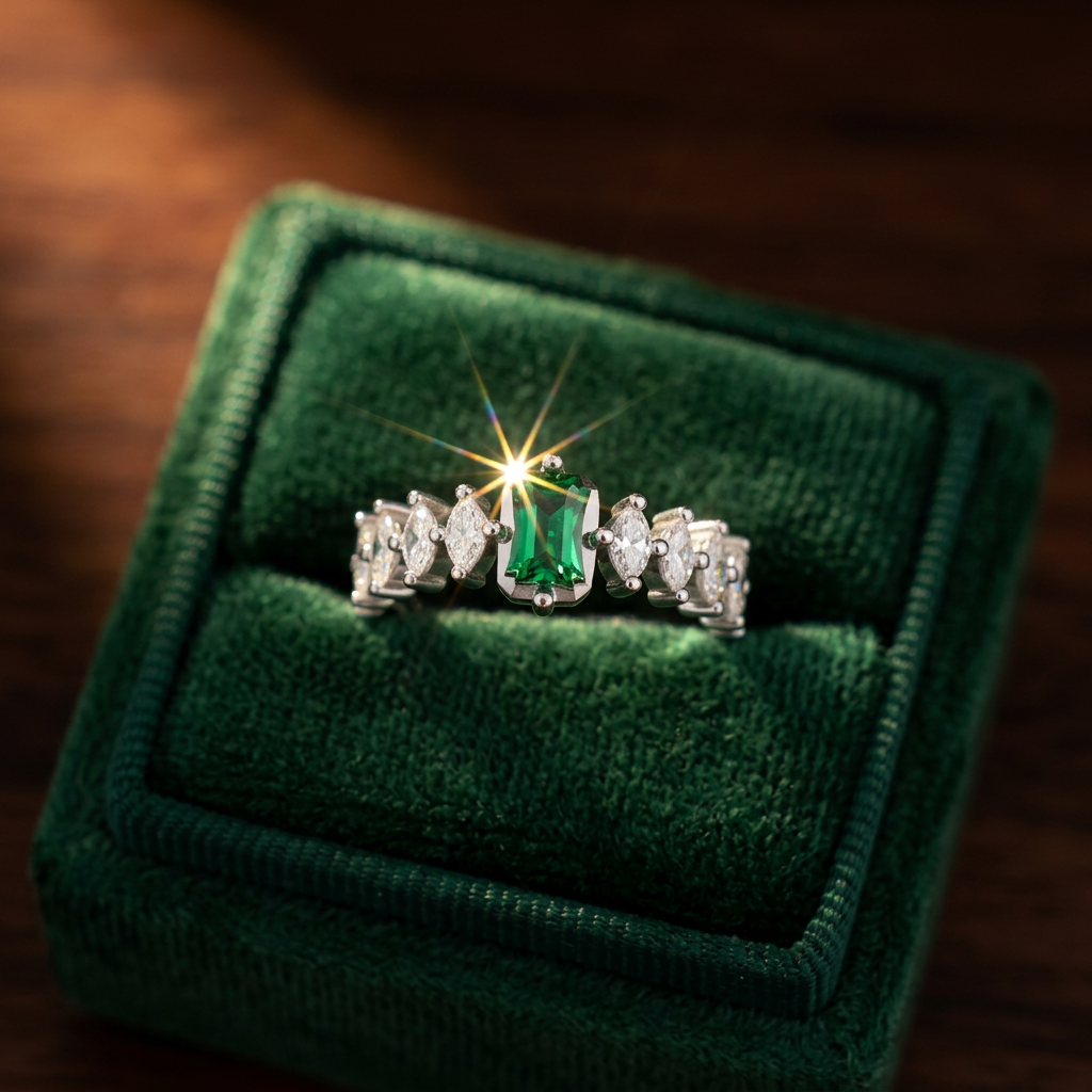 An elegant silver forest green emerald ring with saturated gemstones resting upright inside a black velvet box.