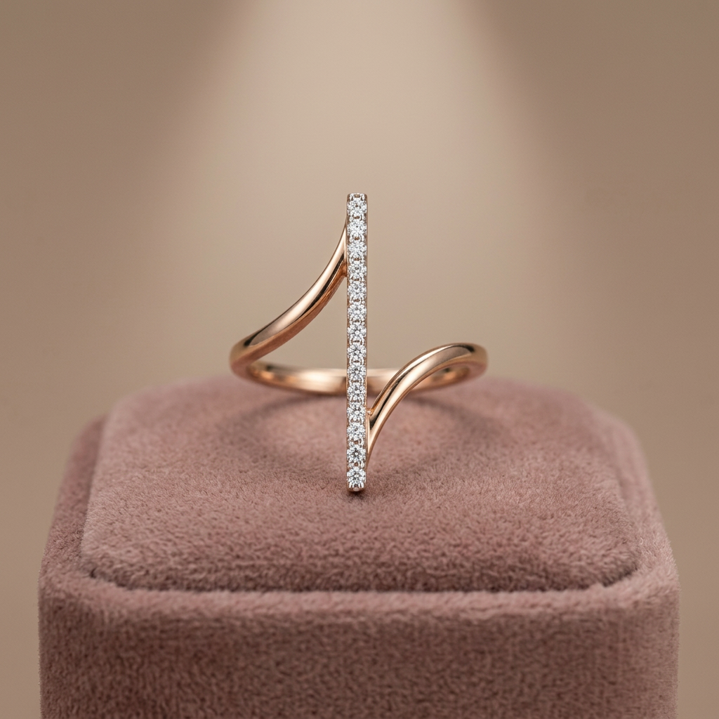 Front view displaying the inner open spaces and tilted alignment of an orbital spinning gold axis ring.