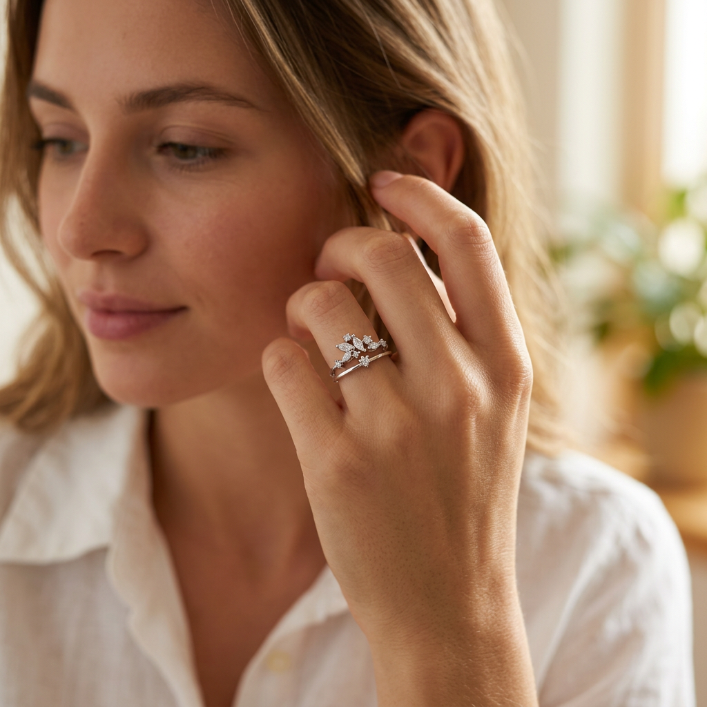 Front angle view displaying the sharp architectural layout and tiered cluster design of a silver celestial crown ring.