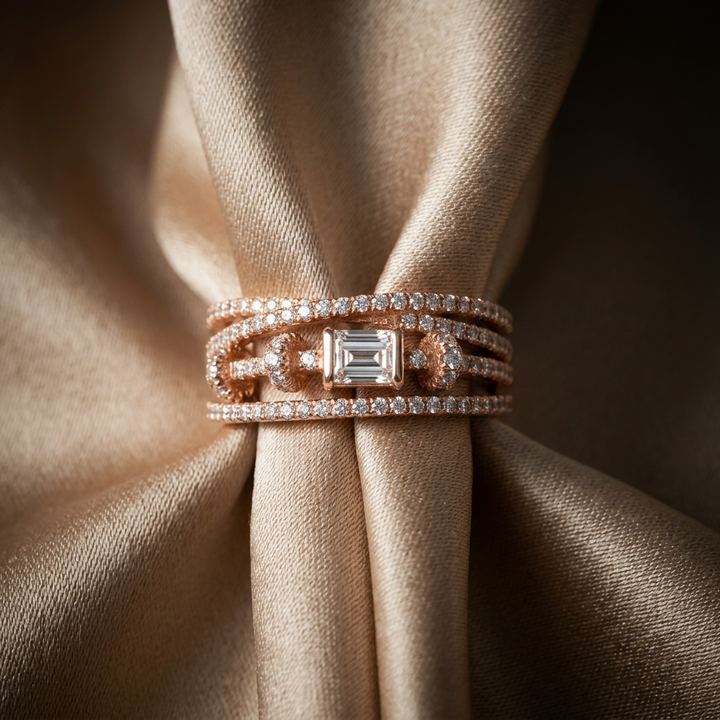 A luxury studio close-up of a multi-layered statement band highlighting the clean geometric symmetry of sweeping pavé-lined rows cradling a striking central step cut lab grown diamond.