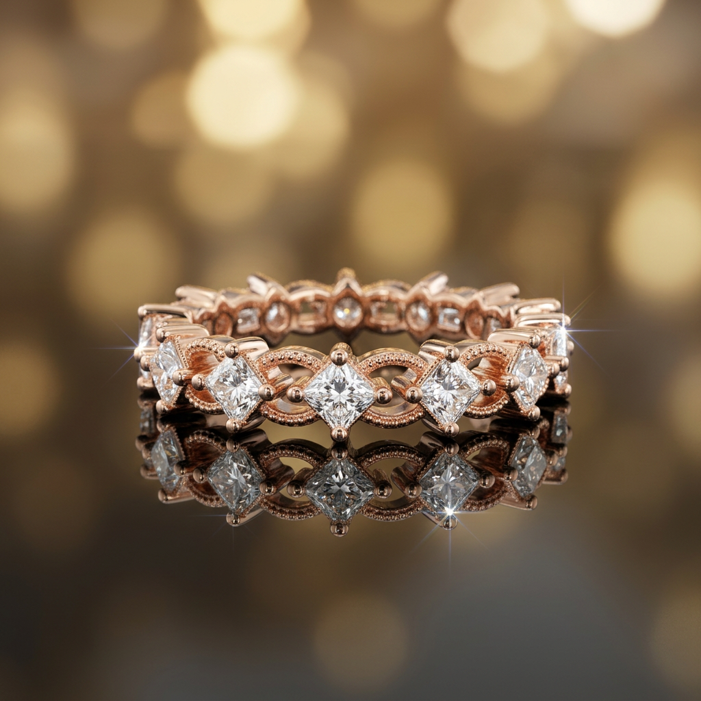 A curated fine jewelry hand stack pairing a textured geometric diamond eternity band with minimal rose gold rings.