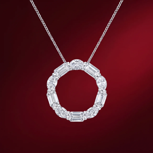 Lab-grown diamond pendant necklace in white gold by House of Raayaa — open circle of alternating baguettes and rounds motif.