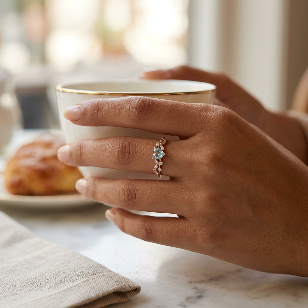 Close-up of a heart cut cerulean stone ring in rose gold plated sterling silver with lab grown diamonds.