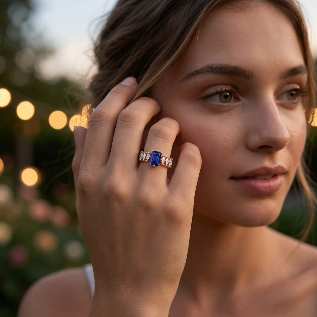 A curated fine jewelry finger stack anchored by a premium rose gold ring with a vivid indigo emerald cut gem.