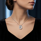 Lifestyle view of a woman wearing the Infinite Medallion necklace, highlighting how the architectural lab grown diamond pendant and geometric pave bands layer elegantly.