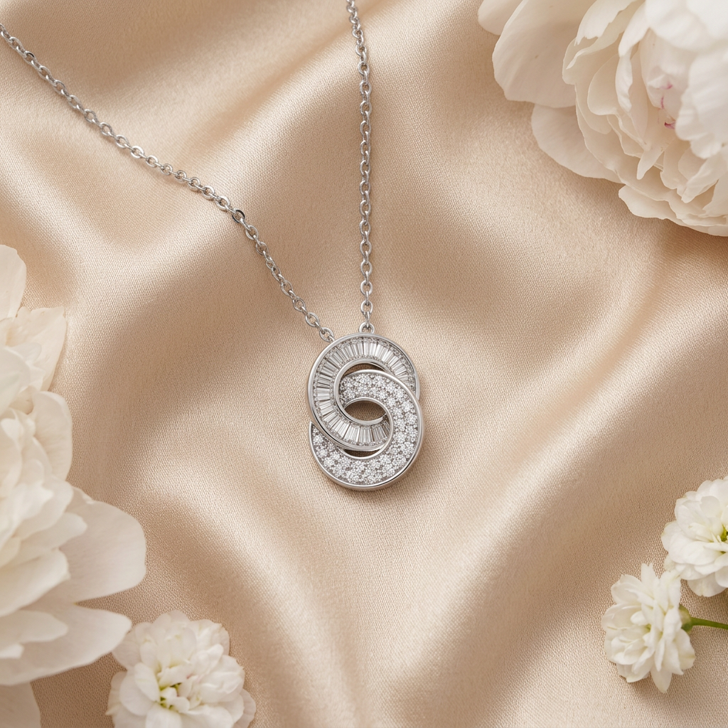 Close-up view of the architectural Infinite Medallion necklace showcasing intricate lab grown diamond pavé settings and precise baguette cuts.