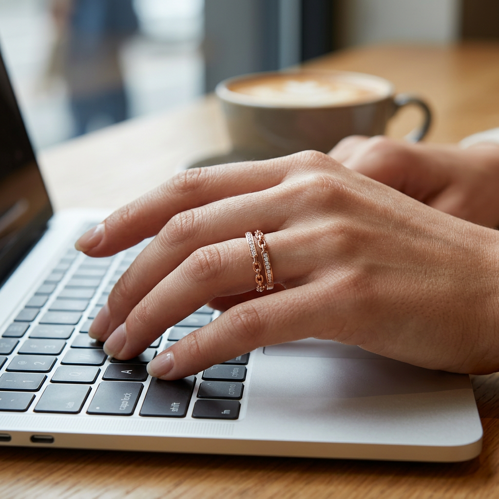 Close-up of a high-quality interlocking chain link ring made from high-polish solid yellow gold.