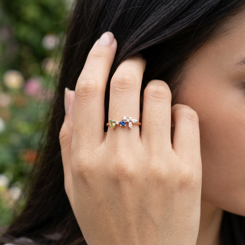 Macro photo focusing on the precision cut pear and marquise blue stones set on an organic rose gold band.