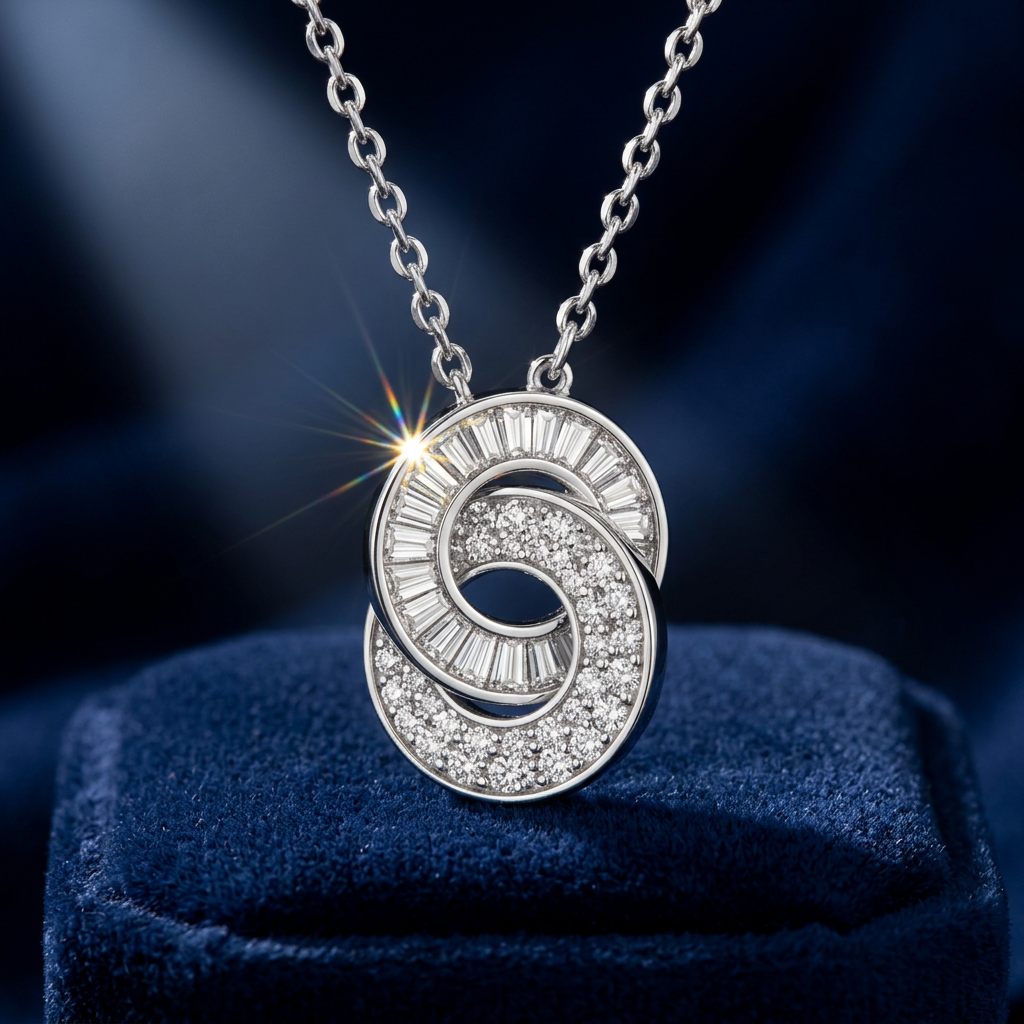 Architectural lab grown diamond infinite medallion necklace featuring an intricate pendant with interlocking high-polish bands, sharp baguette cuts, and precise pavé settings.