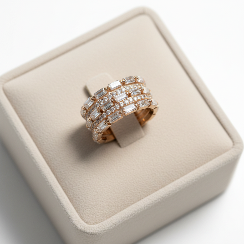 An elegant unboxing experience showcasing a magnificent statement ring beautifully nestled inside a premium luxury gift box, highlighting the sparkling brilliance of its step cut and pavé lab grown diamonds.
