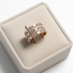 An elegant unboxing experience showcasing a magnificent statement ring beautifully nestled inside a premium luxury gift box, highlighting the sparkling brilliance of its step cut and pavé lab grown diamonds.