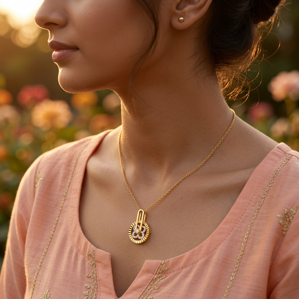 A sculptural yellow gold medallion adding a refined focal point within a premium multi-layered necklace stack.