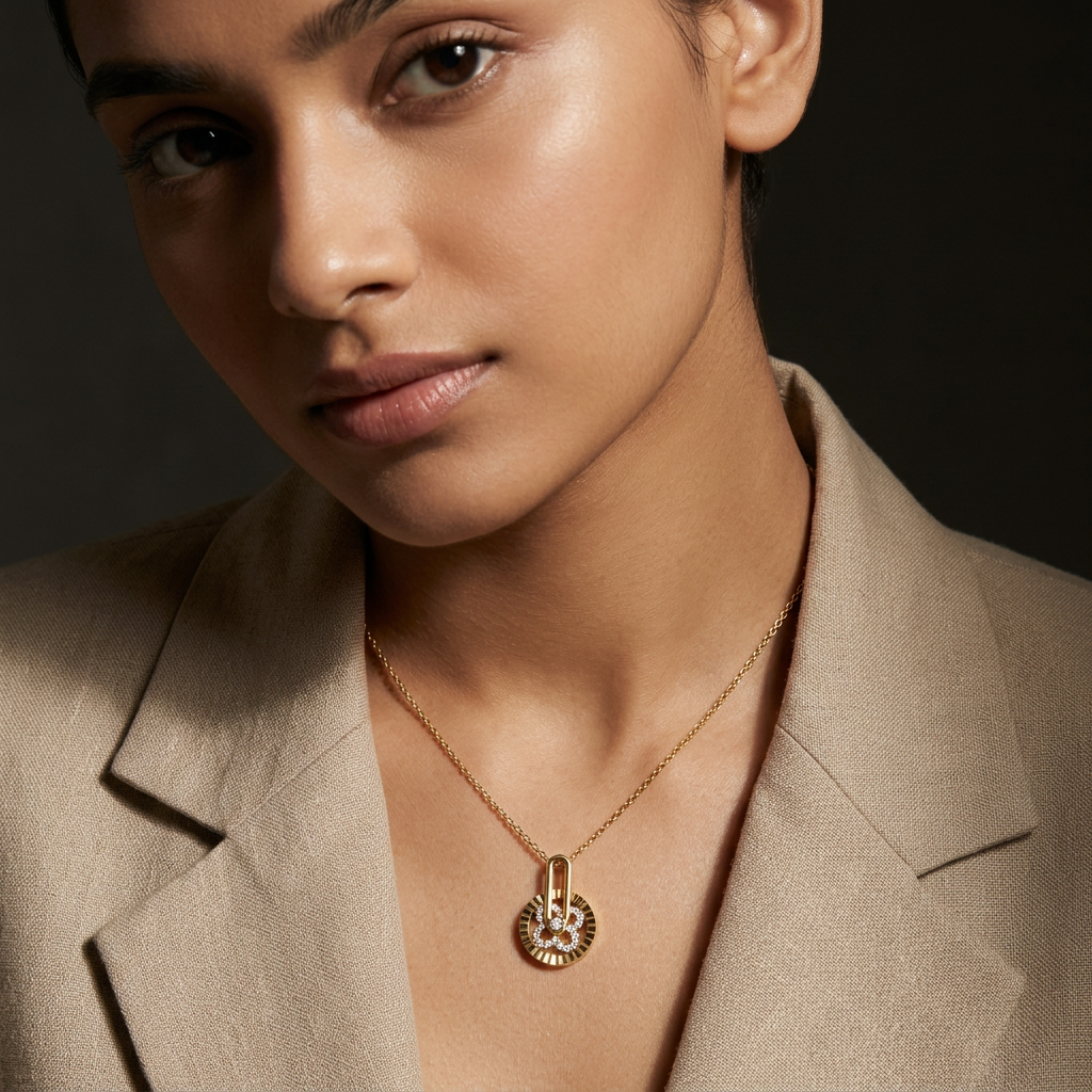 A sculptural yellow gold medallion adding a refined focal point within a premium multi-layered necklace stack on a women.