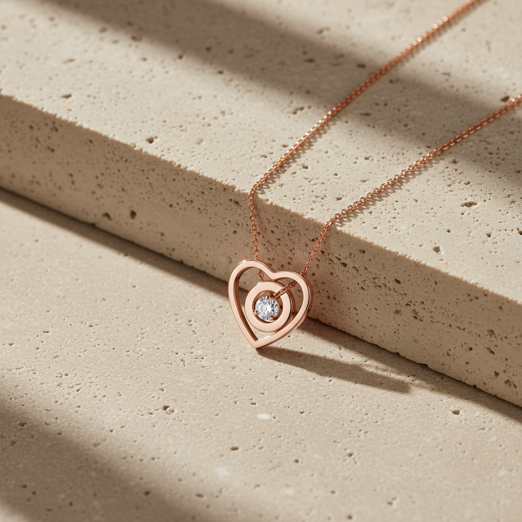 Model wearing a high-polish rose gold heart pendant necklace layered seamlessly within a curated daily neck stack.