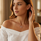 A sculptural heart and infinity pendant anchoring a sophisticated multi-layered rose gold chain stack on a model.