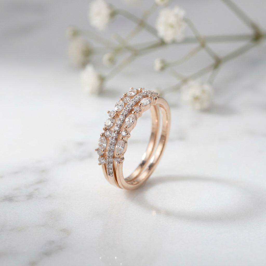 A delicate rose gold crown ring featuring a layered silhouette with alternating marquise and round diamonds.