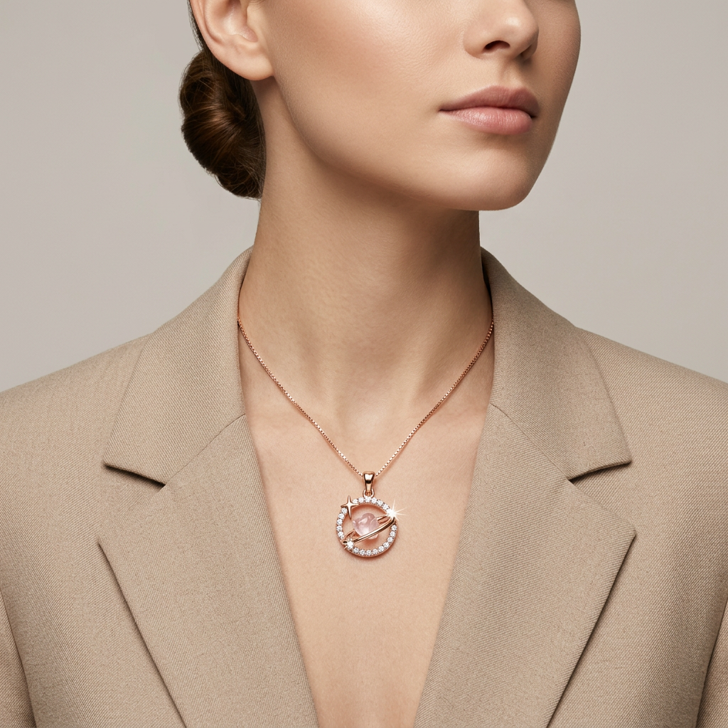 A curated layered rose gold necklace stack anchoring a modern, sculptural heart pendant with a sharp four-pointed star.