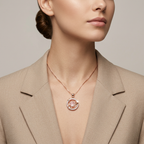 A curated layered rose gold necklace stack anchoring a modern, sculptural heart pendant with a sharp four-pointed star.
