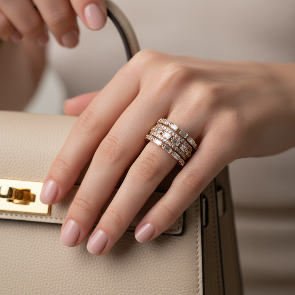 A close-up lifestyle view of a woman's hand resting on a bag, elegantly showcasing a bold multi-row statement ring set with step cut and lab grown diamonds.