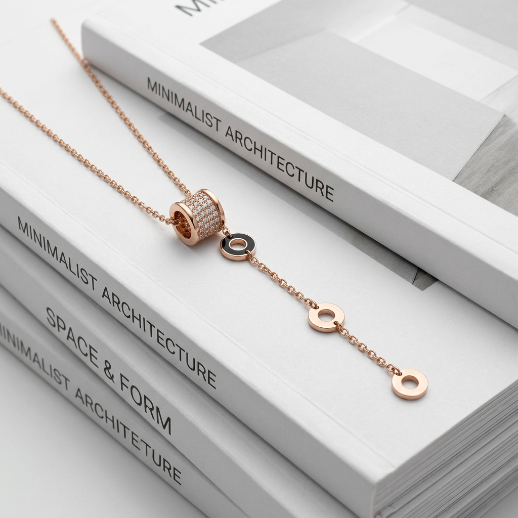 An elongated rose gold lariat necklace featuring a pavé-set cylinder and contrasting circular drop charms.
