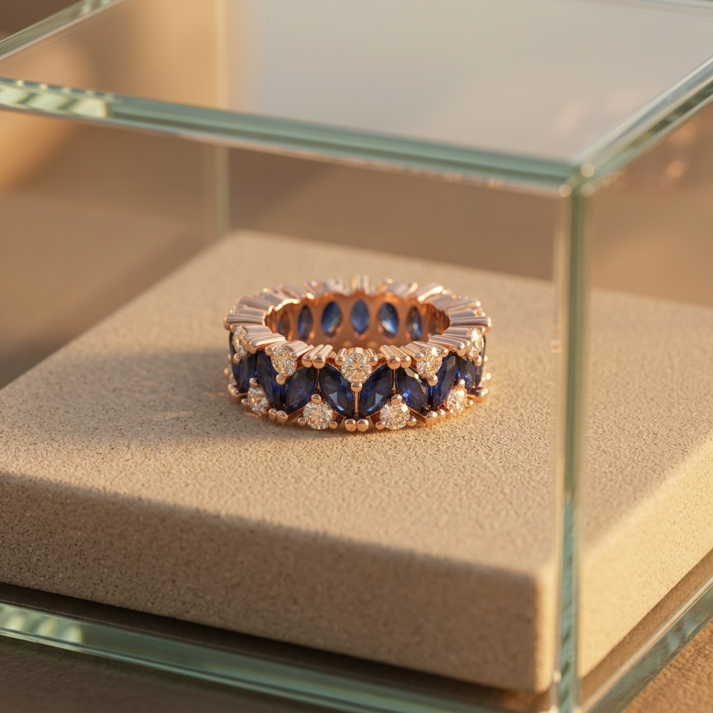 A rose gold eternity band featuring alternating deep blue marquise stones and round crystal accents.