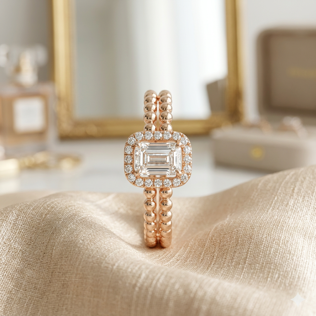 A stunning 1.9 carat emerald cut halo ring with a delicate diamond border and a textured double beaded band.