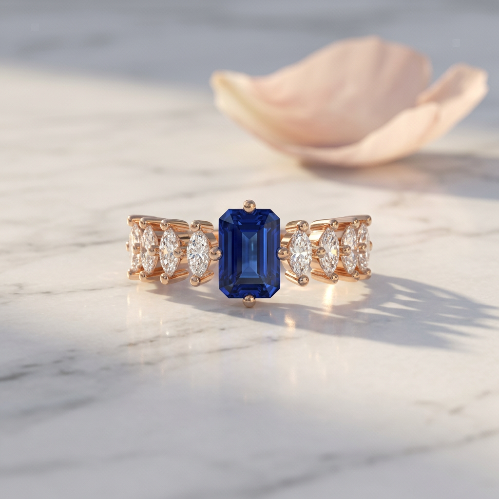 An emerald cut indigo sapphire ring in rose gold with brilliant marquise stones forming a winged architectural style.