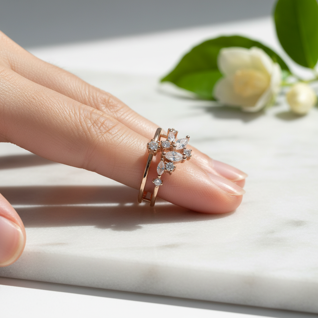 Macro photo focusing on high polish gold prongs securing a rhythmic cluster of marquise and round cut brilliant gems.