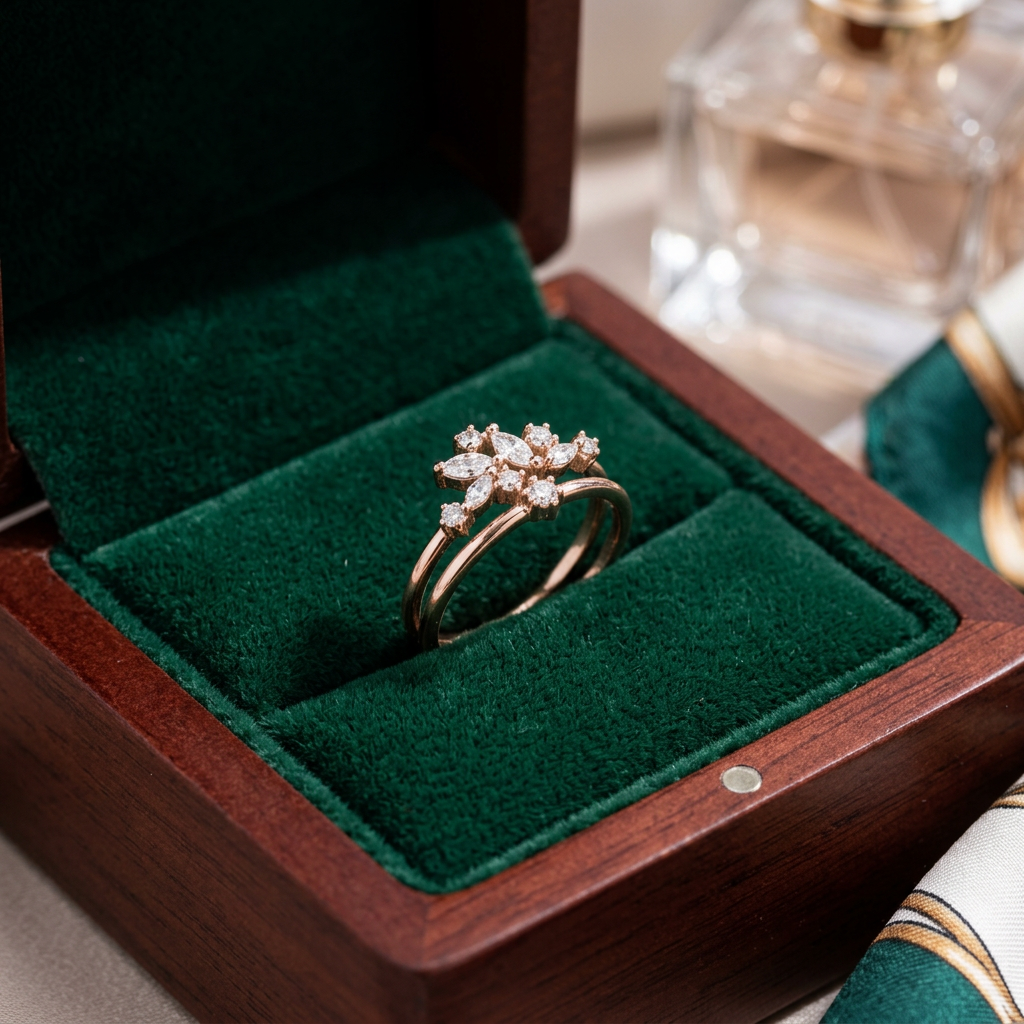 Front studio shot of a gold sculptural cluster ring showcasing an architectural arrangement of marquise and round diamonds.
