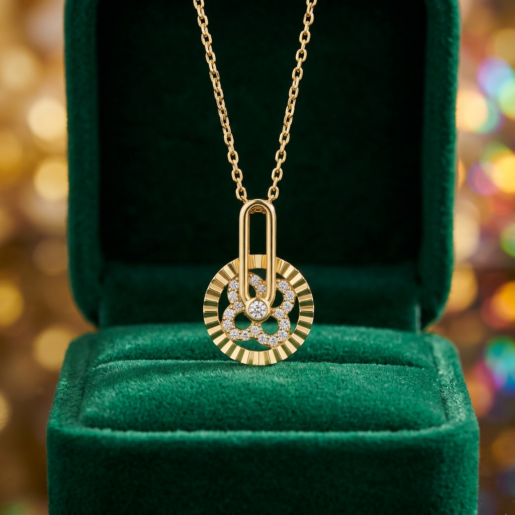 E-commerce flat lay of an everyday staple gold medallion necklace resting beautifully on a minimal stone slab.
