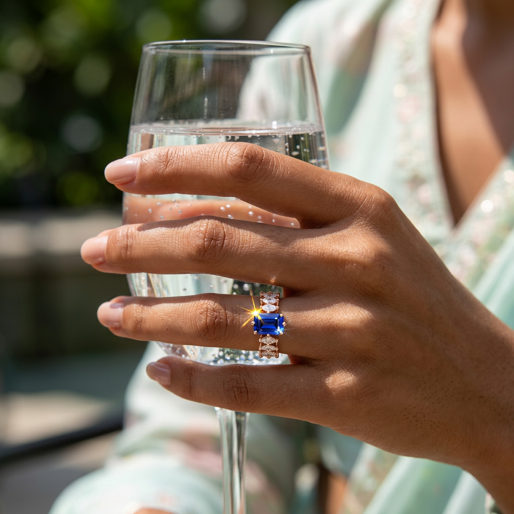 Front view of a premium rose gold ring showcasing an indigo emerald cut gem between sharp marquise accents.