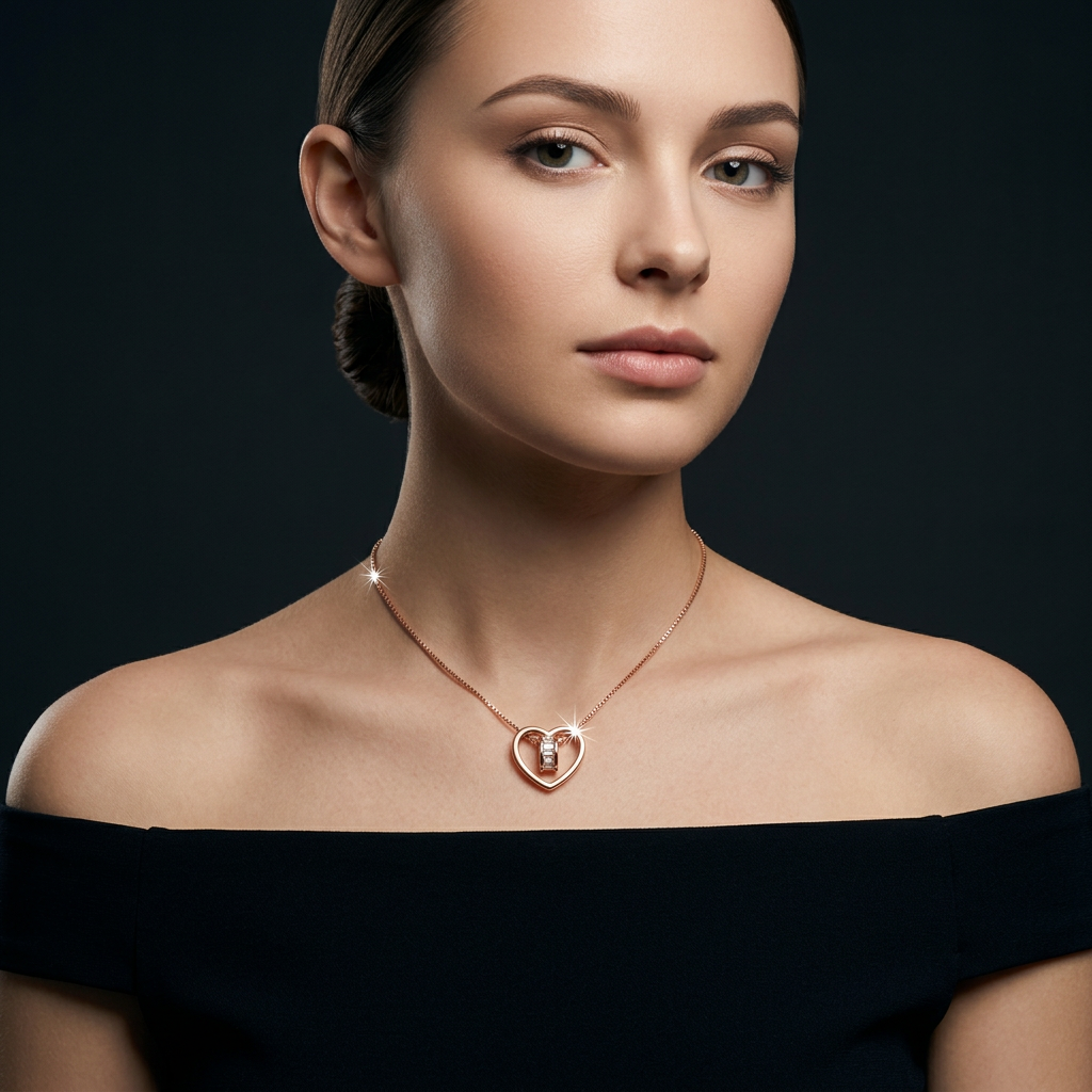 Close-up showing the intricate pavé diamond settings on a fine rose gold heart pendant necklace.