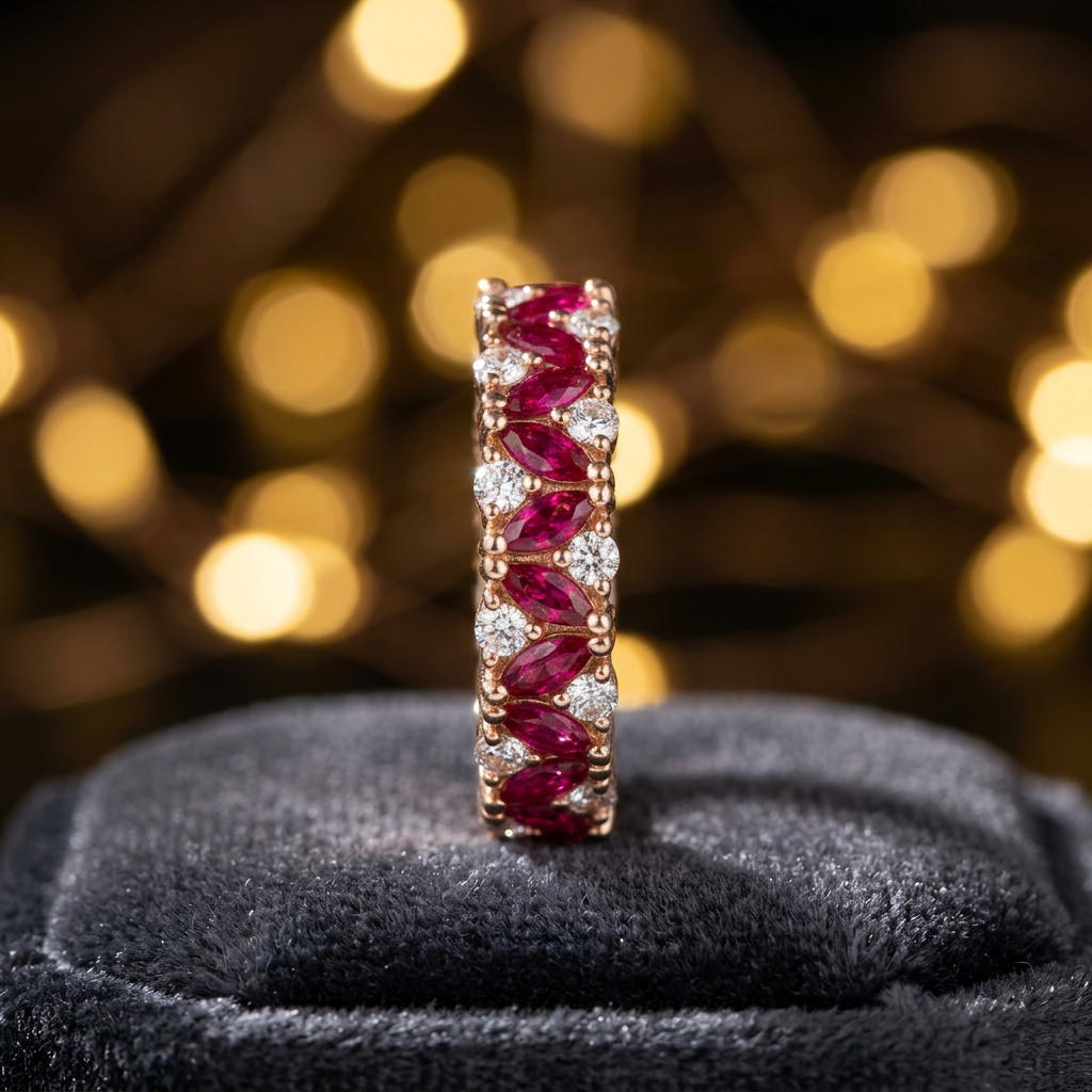 A rose gold eternity ring featuring interlocking angled marquise rubies alternating with round brilliant white stones.