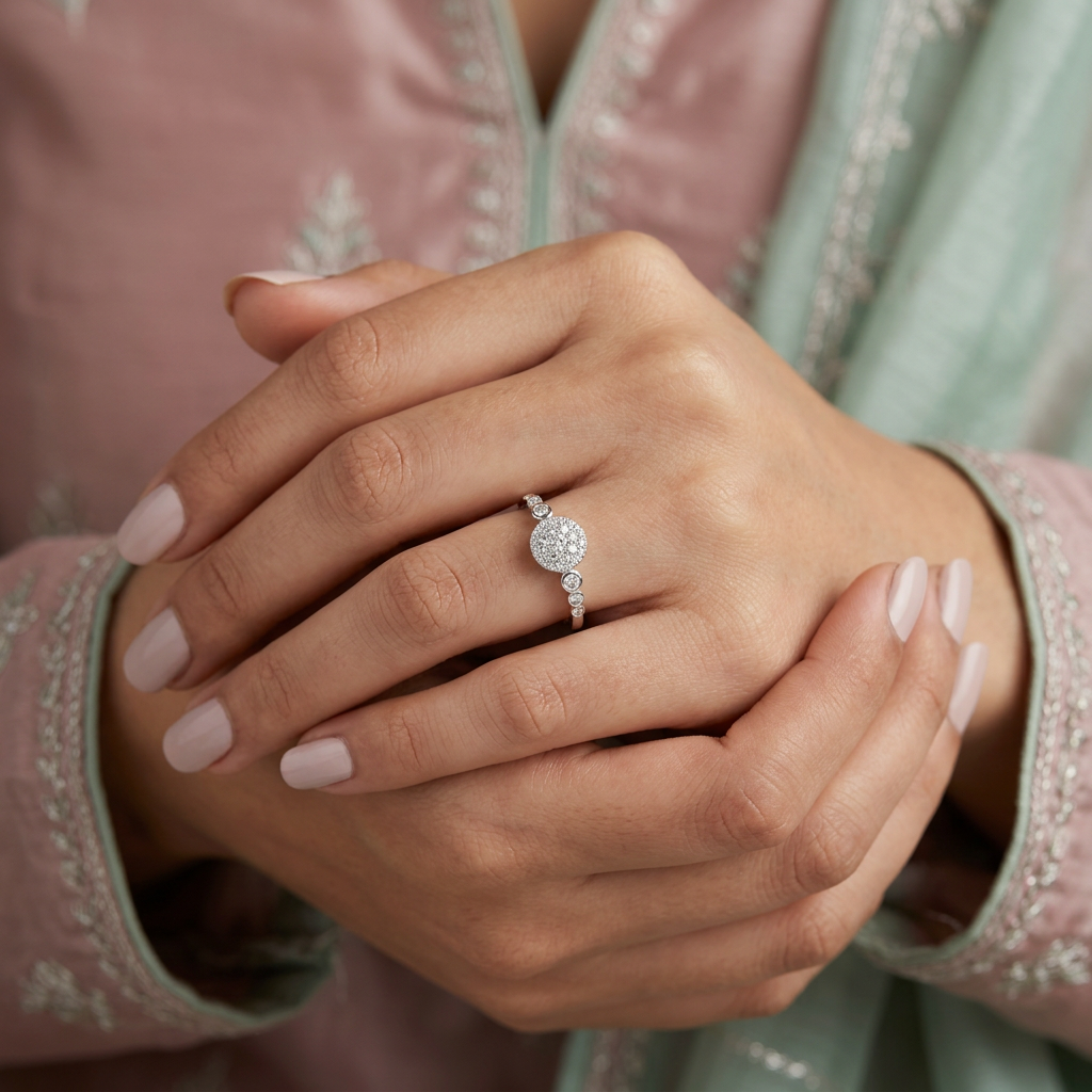 Front view of a sterling silver round ring featuring a dense pavé cluster and modern graduated bezel settings.