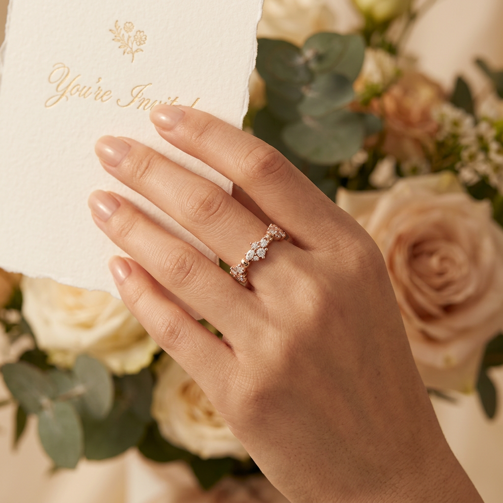 Close-up of a model showcasing a luxury rose gold rhythmic cluster ring with an asymmetric layout.