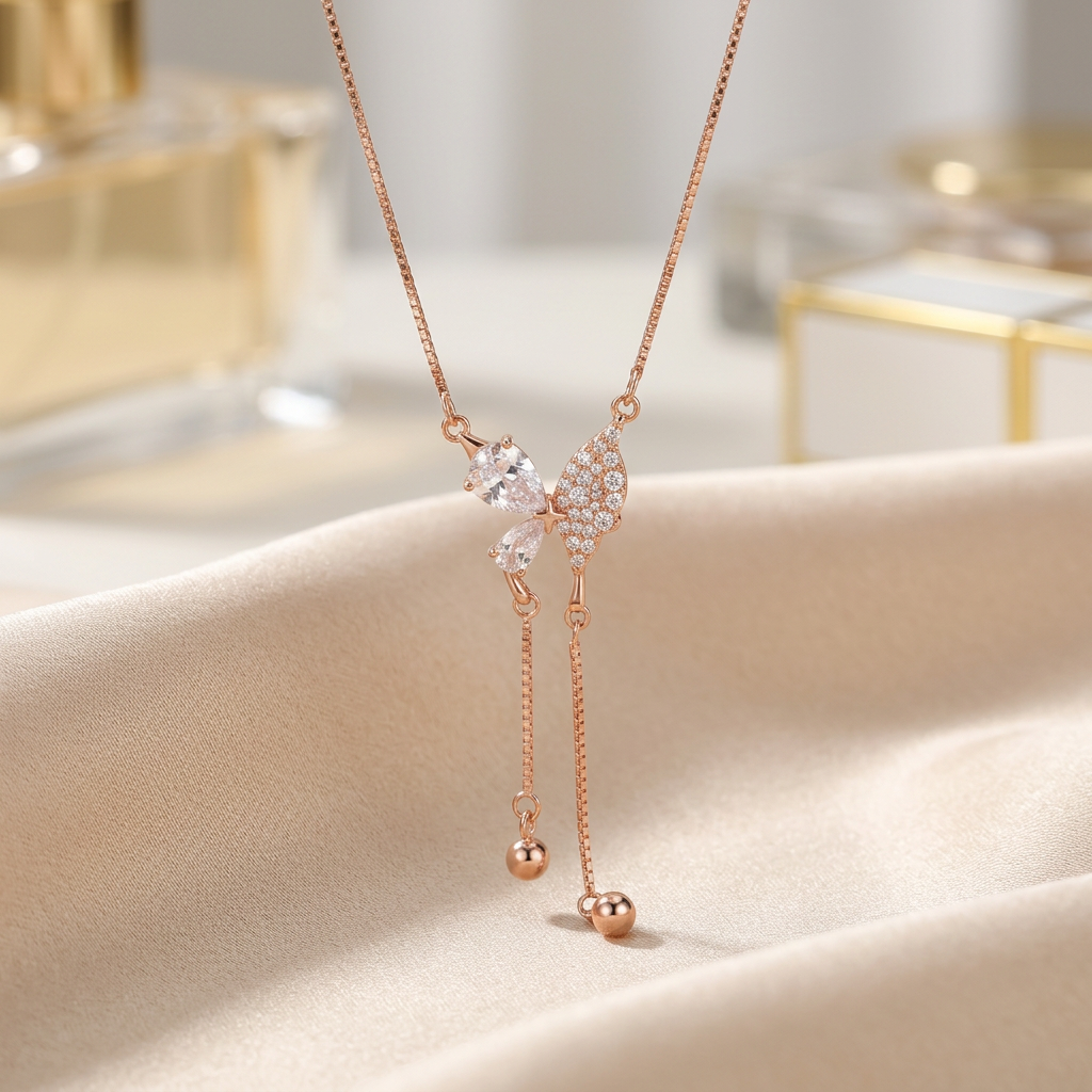 The Roseate Papillon butterfly necklace for women beautifully styled against a soft backdrop, highlighting the fine 16-inch rose gold-plated sterling silver chain.